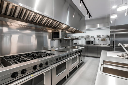 203052626 restaurant kitchen with sleek and stylish design featuring modern appliances and stainless steel
